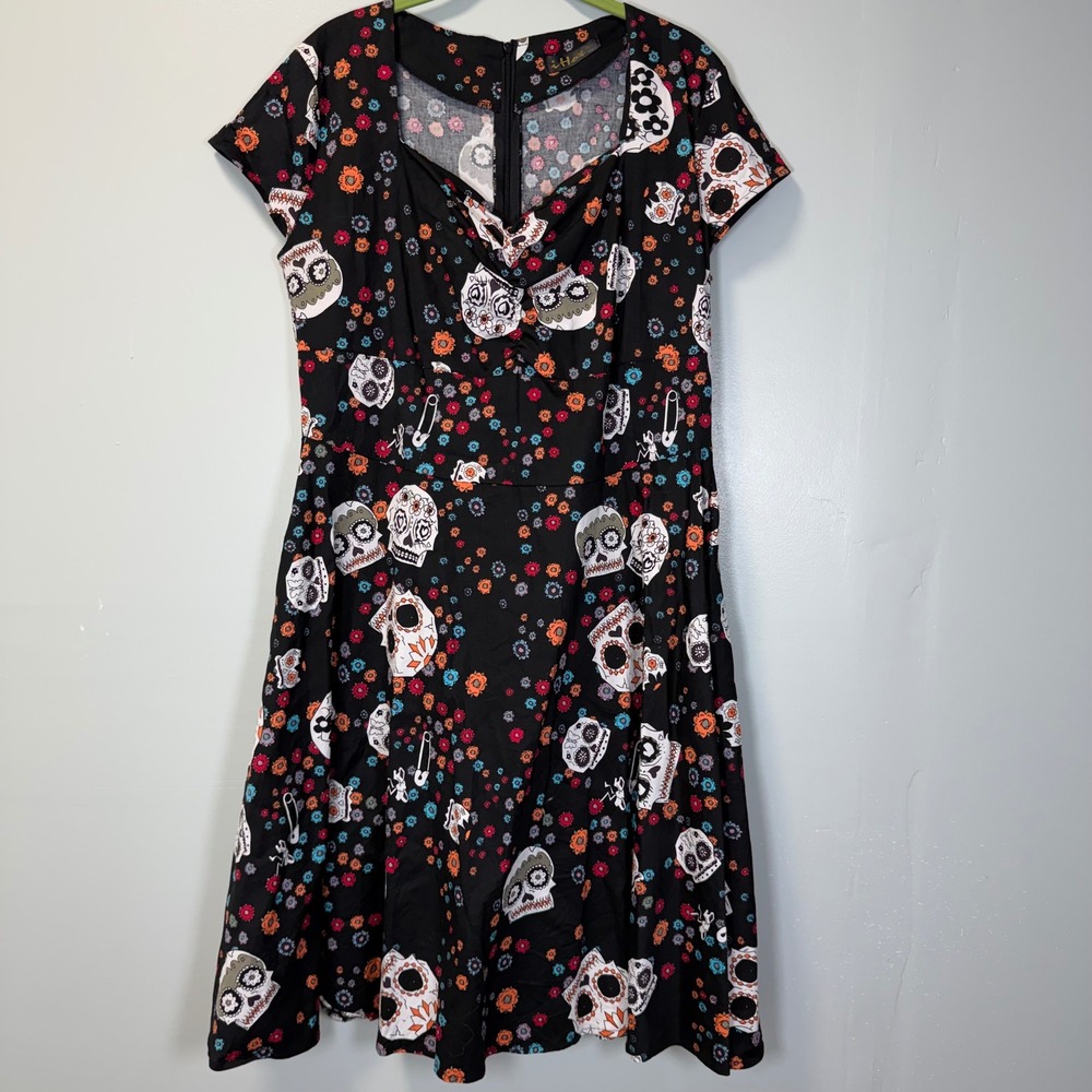 iHot Women Sugar Skull Floral Fit and Flare Dress Black Rockabilly 2XL Halloween